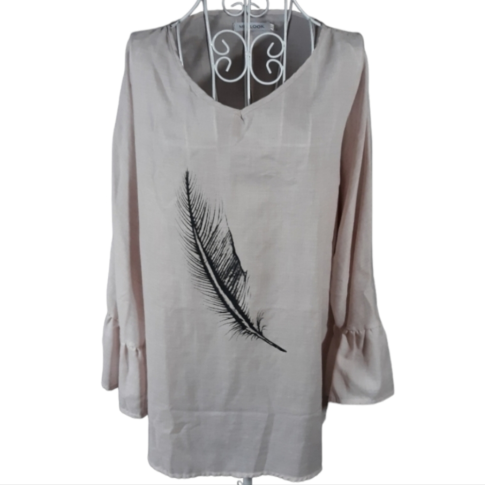 MISSLOOK Bell Sleeve Feather Graphic Tunic SZ XL